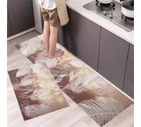 Large Palm Leaves Kitchen Rug Set 2 Pieces, Non-Slip and Washable Kitchen Runner Mat Tulle Feathers Standing Mats for Hallway, Dining Room and Entryway - 43x75cm+43x120cm, Light Pink