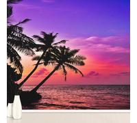Large Palm Tree Seaside Sunset Nature Wallpaper, Purple Sky Pink Clouds Wall Murals PVC Waterproof, Tropical Scenery Mural Peel and Stick Wall Decals for Living Room 390x260 cm