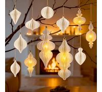 Large Paper Christmas Party Decorations, 12Pcs White Honeycomb Paper Hanging Ornaments for Christmas Trees, 3D Light Up Finial Honeycomb Lantern Ornaments for Xmas Tree Winter Wonderland Party Decor