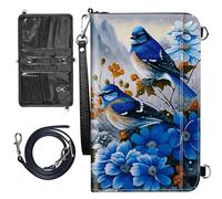 Large Passport Wallet w/ 1 Removable Wristlet and 1 Crossbody Strap, Hummingbird Blue Flowers, Modern