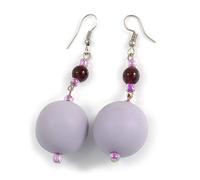 Large Pastel Lavander Resin/Plum Glass Bead Ball Drop Earrings In Silver Tone - 70mm Long