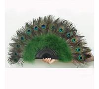 Large Peacock Feather Folding Fan Cheongsam Show Performance Feather Fan Dance Hand Fan Wedding Party Decoration-ArmyGreen