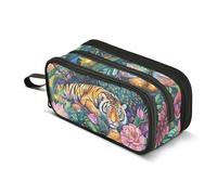 Large Pencil Case, Big Capacity Pencil Bag Pen Pouch Holder 3 Compartments, Tiger Flowers School Office Supplies Stationery Makeup Bag Storage Organizer for Students Girls Boys Women Men