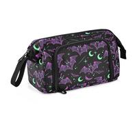 Large Pencil Case for Girls Boys School Travel, Zipper Pen Pouch Cosmetic Bag with Multiple Compartments, Neon Purple and Bats Stars and Moons Pencil Bag for Art Supplies and Stationery