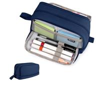 Large Pencil Case with 4 Compartments, Special Aesthetic Pen Case for Girls Boys, Stationery Organiser with Handle for Kids Adults, Wear Resistant Pencil Pouch for School Office College (Navy)