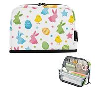 Large Pencil Pouches Zipper Case Colorful Easter Eggs Bunnies White Pencil Storage Bags Girls Classroom Pen Pouch Aesthetic College Preppy School Office Supplies