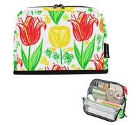 Large Pencil Pouches Zipper Case Doodle Colorful Spring Flowers Pencils Storage Bags Girls Classroom Pen Pouch Office Back to School Adults Office Supply