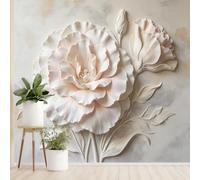 Large Peony Flower Wall Mural Modern Sculptural Botanical Floral Non-Woven Wallpaper Elegant Luxury Embossed Relief Natural Photo Wallpaper 371 x 280 cm Cream Beige Wall Decor for Living Room Bedroo