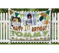 Large Personalised 1st Birthday Backdrop First Birthday Banner for Boys Girls Customised with Name Age Photo Wild One Party Decorations Animals (Safari Green, 5x3.5ft - Outdoor Polyflag)