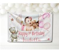 Large Personalised 1st Birthday Backdrop First Birthday Banner for Girls Customised with Name Age Photo Teddy Bear Party Decorations Pink 2nd Outdoor (Teddy Bear Pink, 5x3.5ft - Outdoor Polyflag)