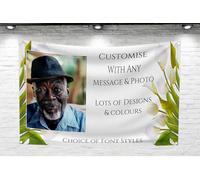 Large Personalised Backdrop Banner with Photo Customised with Any message white and black flowers for men or women celebration of life memorial funeral wake sign (White Lillies, with PHOTO)