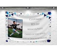 Large Personalised Banner Backdrop For Any Occasion Customised with Any Message and Photo for Mens Birthday Boys Kids Any Age or Event Holy Communion Christening Outdoor (Blue & Black, with PHOTO)
