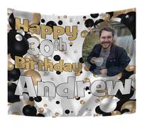 Large Personalised Birthday Backdrop with Photo Happy Birthday Banners for Men or Women Any Age 18th 21st 50th 60th 40th 16th 70th 30th Party Decorations Her Him Indoor Outdoor (Black, Gold & Silver)