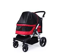 Large Pet 4 Wheeled Trolley Cats, Dogs Carts Shockproof Stroller Adjustable Direction, Aluminium Alloy One-Click Folding (Red)