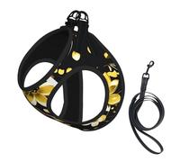Large Pet Leash Vest Dog Harness - Small Sized Black and Gold Flowers Print Leash Set with Buckle, Canine Companion Outdoor Travel Gear