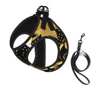 Large Pet Leash Vest Dog Harness - Small Sized Black and Gold Flowers Print Leash Set with Buckle, Canine Companion Outdoor Travel Gear