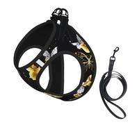 Large Pet Leash Vest Dog Harness - Small Sized, Gold White Butterflies Black Print Adjustable for Cats and Dogs, Perfect for Outdoor Walking