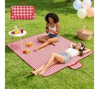 Large Picnic Blanket, Checkered Picnic Blanket, 150 x 199 cm, Waterproof, Foldable, Gingham Picnic Mat for Beach, Park, Lawn, Picnics and Camping, Red and White