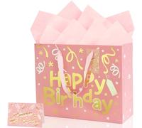Large Pink Birthday Gift Bag, Pink and Gold Metallic Foil Paper Gift Bag with Tissue Paper Handles and Greeting Card, Present Bags for Girls Women Birthday Baby Shower Christening Party, 33x26x12cm
