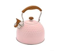 Large Pink Whistling Tea Kettle 2.5 Quart Made Of Stainless Steel With Wood Pattern Handle For Fast Boiling On Gas Or Induction Stoves