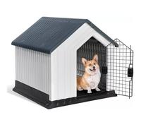 Large Plastic Dog House Weatherproof Kennel Shelter with Raised Floor & Removable Metal Door for Indoor & Outdoor Use - Durable Pet Cabin for Small to Large Dogs