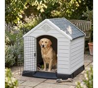 Large Plastic Dog House Weatherproof Pet Kennel Shelter for Outdoor Indoor Use | Grey & White Durable Puppy Cat Cabin | Raised Floor Vented Roof Easy Clean Home