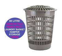 Laundry Washing Basket 60L Hamper Storage Linen Clothes With Lid Plastic Grey