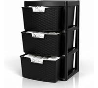 Large Plastic Storage Drawer - Rattan Effect Tower Cabinets - Multi-Purpose Chest Storage Organiser for Bedroom, Office Home, Garage, Clothes, Toys and Household Items (Black Rattan, 3 Tier)