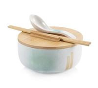 Large Porcelain Cereal Bowls with Lid, Spoon & Chopsticks - 950 ml Ceramic Ramen Bowl Set for Soup, Salad & Pasta