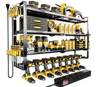 Large Power Tool Organizer Wall Mount with Charging Station,4 Layer Heavy Duty Metal Tool Storage Rack with 5-Outlet Power Strip,Loads 400lbs with 8 Cordless Drill Holder,Battery Utility Tool Shelf