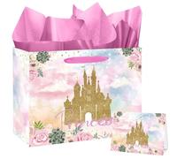 Large Princess Gift Bag Princess Castle Party Favor Bag with Tissue Paper and Cards Princess Candy Goodie Bags Prince Princess Treat Gift Wrapping Paper Bags for Girl Birthday Party Decorations