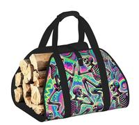 Large Psychedelic-Halloween-Skeletons Firewood Carrier Bag, 600d Oxford Cloth Log Tote With Reinforced Handles, Open-End Wood Hauling Bag For Fireplace, Wood Stove, Camping And Outdoor Storage
