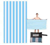 Large Quick Dry Microfibre Beach Towel 160x90cm, Double Sided Blue & White Striped Lightweight Travel Towel with Carry Bag, Compact Fast Drying Gym Yoga Sports Swimming Towel for Adults, Women & Men