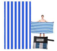 Large Quick Dry Microfibre Beach Towel 160x90cm, Double Sided Blue & White Striped Lightweight Travel Towel with Carry Bag, Compact Fast Drying Gym Yoga Sports Swimming Towel for Adults, Women & Men