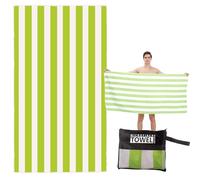 Large Quick Dry Microfibre Beach Towel 160x90cm, Double Sided Green & White Striped Lightweight Travel Towel with Carry Bag, Compact Fast Drying Gym Yoga Sports Swimming Towel for Adults, Women & Men