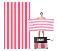 Large Quick Dry Microfibre Beach Towel 160x90cm, Double Sided Pink & White Striped Lightweight Travel Towel with Carry Bag, Compact Fast Drying Gym Yoga Sports Swimming Towel for Adults, Women & Men