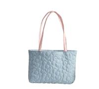 Large Quilted Flower Tote Bag for Women, Lightweight Shoulder Bag with Inner Pocket, Sweet Pastel Shopping Bag, Blue