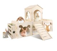 Large Rabbit Hideout Bunny Castle, Wooden Bunny House & Hay Feeder, Detachable Rabbit Hideaway, Indoor Rabbit Castle with Ramp, Small Animal Houses & Habitats