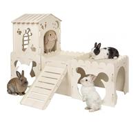 Large Rabbit House, Wooden Bunny Castle with 3 Houses Indoor, Rabbit Guinea Pig Cage Multistory Climbing Tower Sturdy Wooden Castle, Small Animal Hideaway Tunnel (4 Houses)