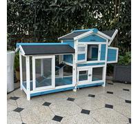 Large Rabbit Hutch, Bunny Cage with Water-Resistant Asphalt Roof, Small Animal Habitat Great for Rabbits, Chicken and Guinea Pig(Blue)