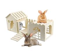 Large Rabbit Wooden Hideout House, Multi-Chamber Small Animal Wooden Castle Cage, Bunny Playhouse Habitat Decor Tunnel for Dwarf Rabbit Guinea Pig Chinchilla Hedgehog Squirrel