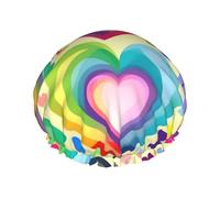Large Rainbow Heart Print Shower Hats with Elastic Band Double Layer Waterproof for Women Men Kids