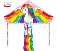 Large Rainbow Horse Flight Kite, Single Line, Easy Flyer, Easy to Fly, Includes 100 m Kite Line and Long Tail, for Beach, Park Kite Festival, Outdoor Activities for Beginners, Adults
