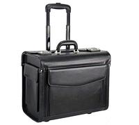 Large Real Cowhide Genuine Leather Deluxe Sleek Wheeled Laptop Pilot Case Briefcase Roller Bag on Wheels with Unique 5 Gusset Large Front Pocket for extensive Paperwork