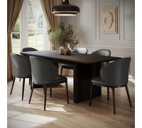 Large Rectangular Black Oak Extendable Dining Table Set with 6 Charcoal Real Leather Chairs - Seats 6 - Wave
