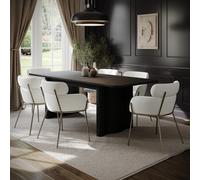 Rectangular Black Oak Extendable Dining Table Set with 6 Charcoal Real Leather Chairs - Seats 6 - Wave