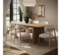 Large Rectangular Rustic Oak Extendable Dining Table Set with 6 Beige Upholstered Chairs - Seats 6 - Wave
