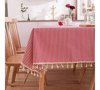 Large Rectangular Tablecloth - Red and White Striped Outdoor Table Cover with Macrame Tassels Wrinkle-Resistant Stain-Resistant Cotton 140x200cm Perfect for Decor