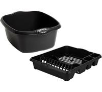 Large Rectangular Washing Up Bowl & Large Dish Drainer - Plastic Kitchen Sink Organiser for Utensils, Plates & Cutlery | Durable Draining Rack for Home Use (Midnight Grey)