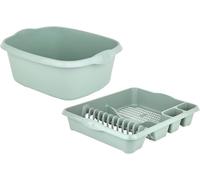 Large Rectangular Washing Up Bowl & Large Dish Drainer - Plastic Kitchen Sink Organiser for Utensils, Plates & Cutlery | Durable Draining Rack for Home Use (Silver Sage)